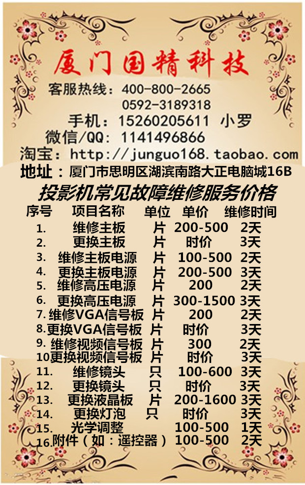 各品牌投影儀維修3000流明以下電源板故障，維修費(fèi)只要150元/臺(tái)包回郵